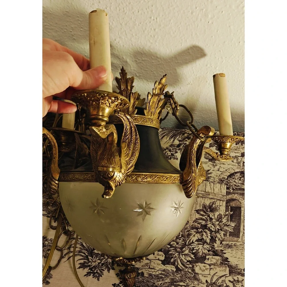 Vintage/Antique Art Deco Empire pendant Swan Frosted Light Fixture Gold Gilt